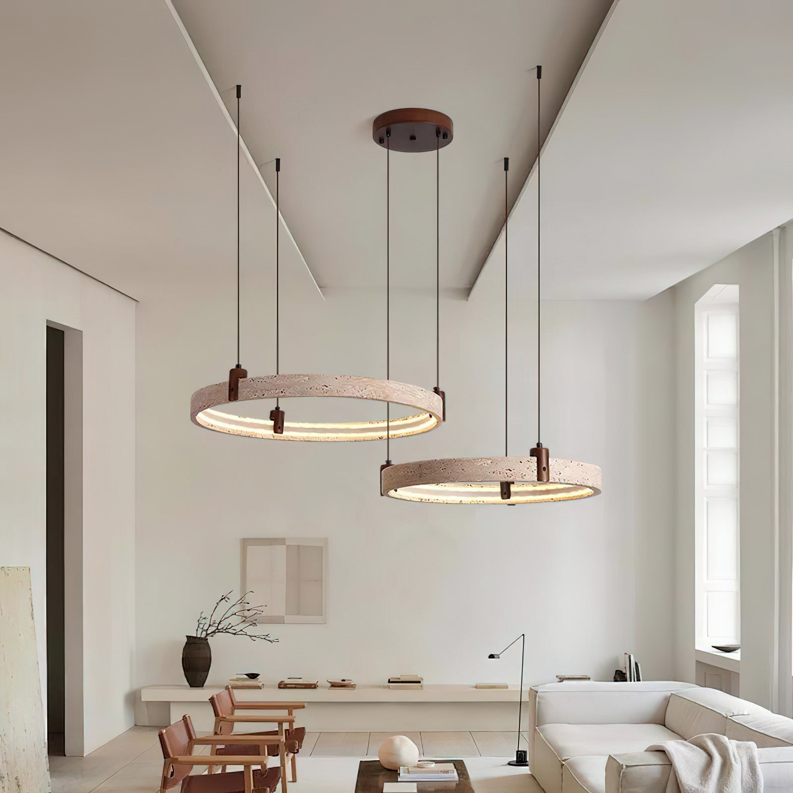 Travertine Ring Chandelier With Walnut Wood And Integrated LED