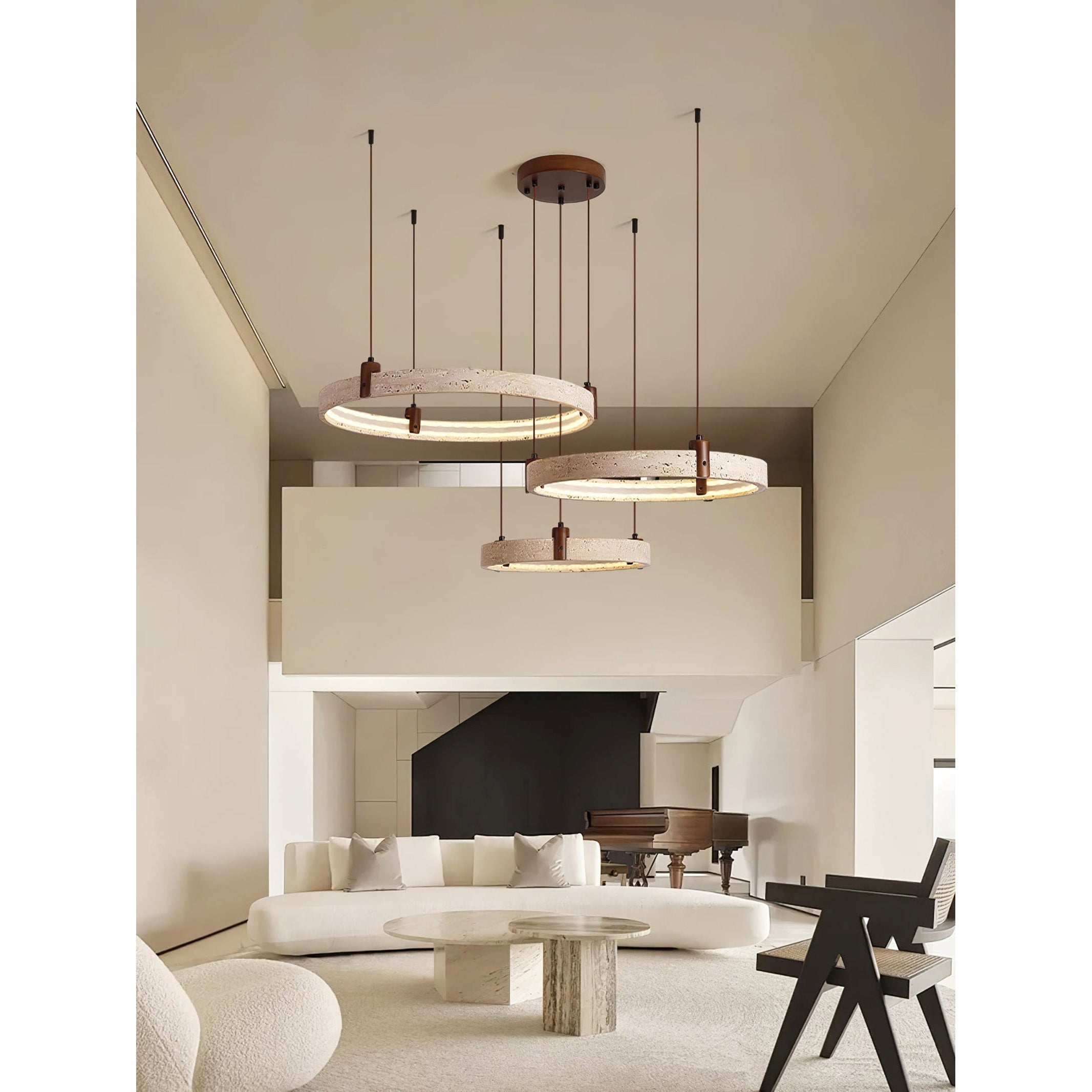 Travertine Ring Chandelier With Walnut Wood And Integrated LED