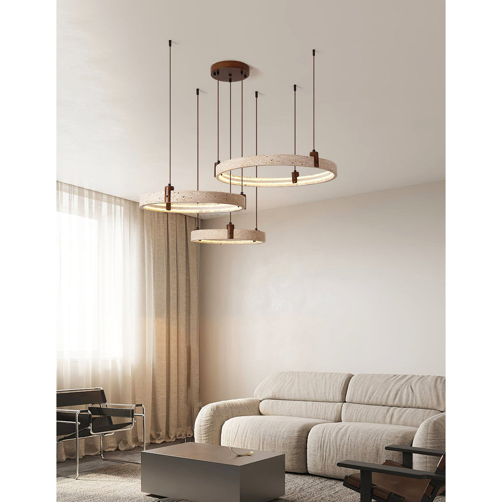 Travertine Ring Chandelier With Walnut Wood And Integrated LED