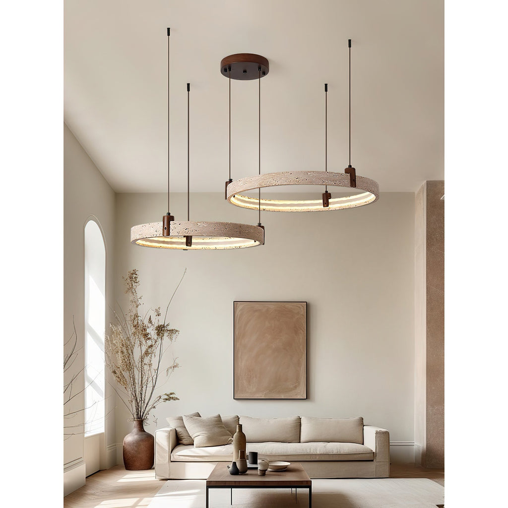 Travertine Ring Chandelier With Walnut Wood And Integrated LED