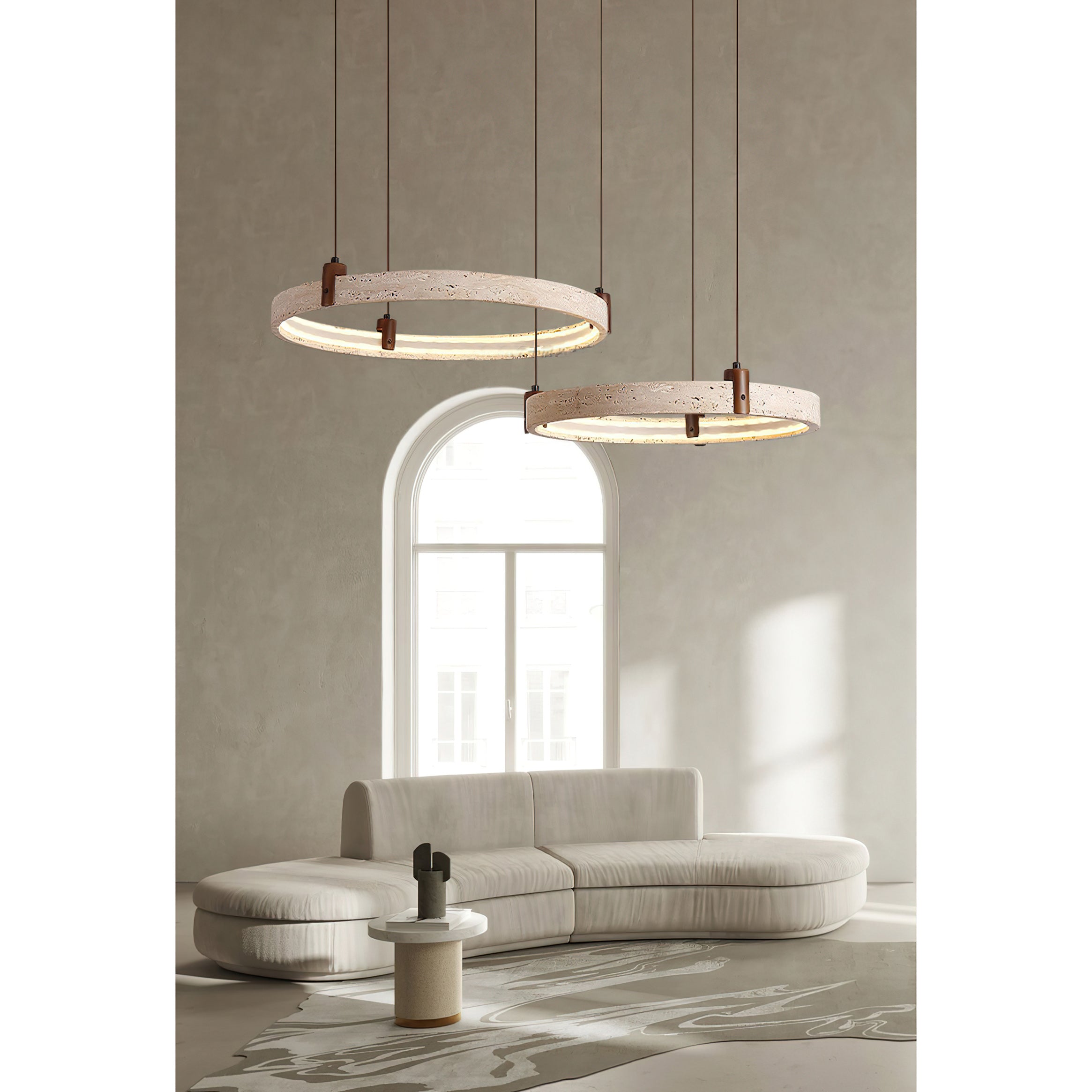 Travertine Ring Chandelier With Walnut Wood And Integrated LED