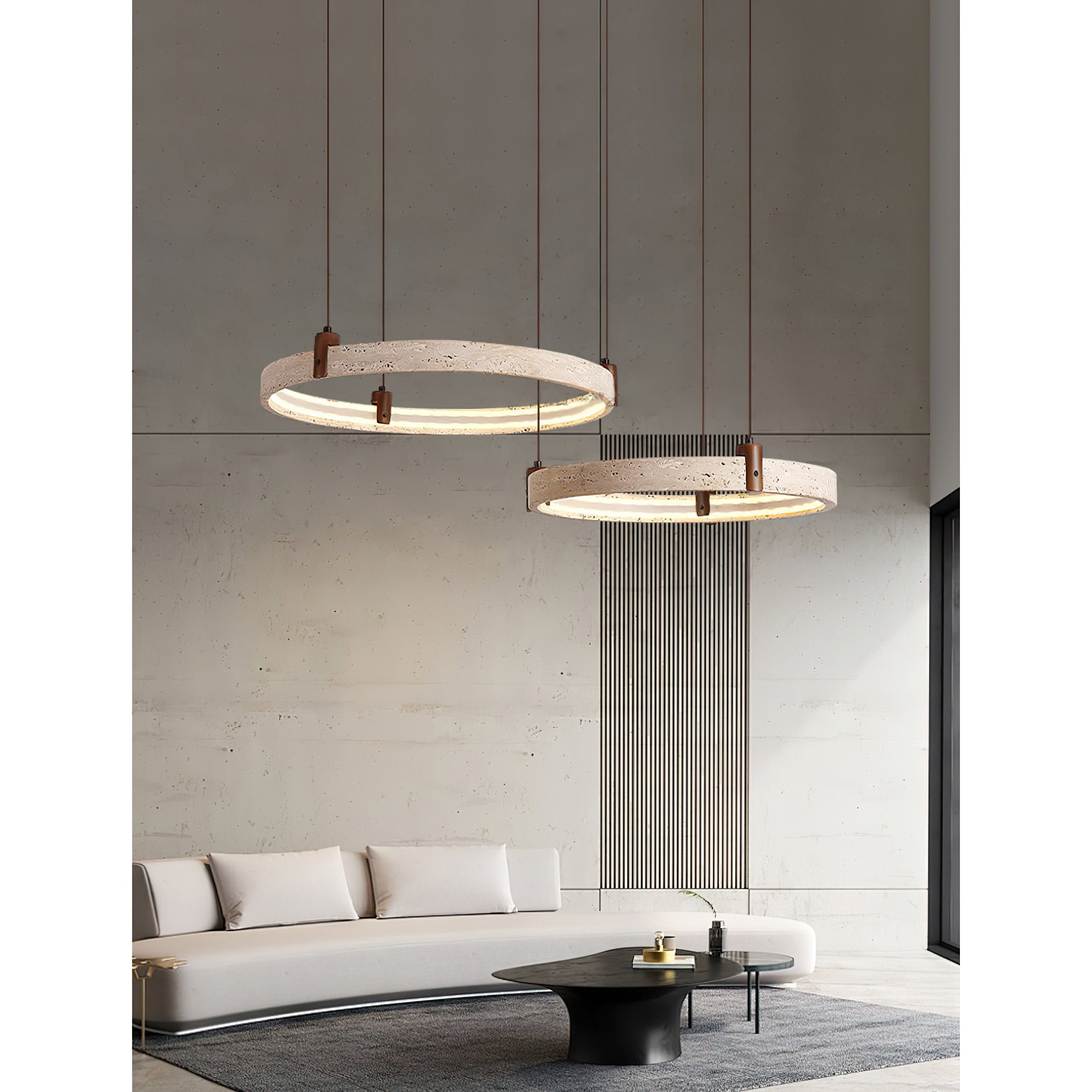 Travertine Ring Chandelier With Walnut Wood And Integrated LED