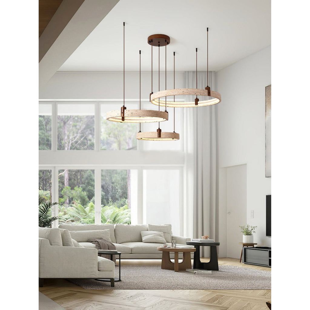 Travertine Ring Chandelier With Walnut Wood And Integrated LED