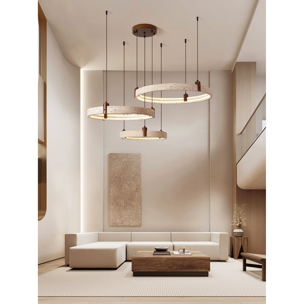 Travertine Ring Chandelier With Walnut Wood And Integrated LED