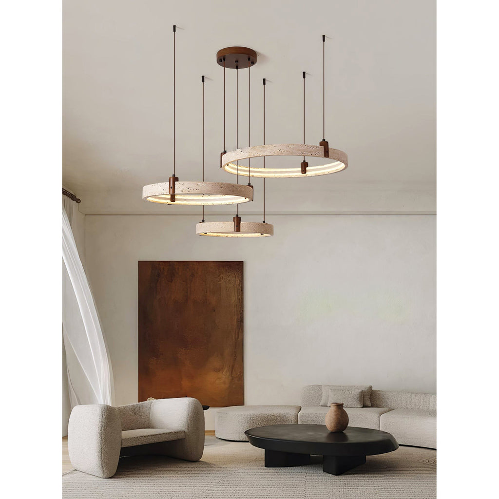 Travertine Ring Chandelier With Walnut Wood And Integrated LED