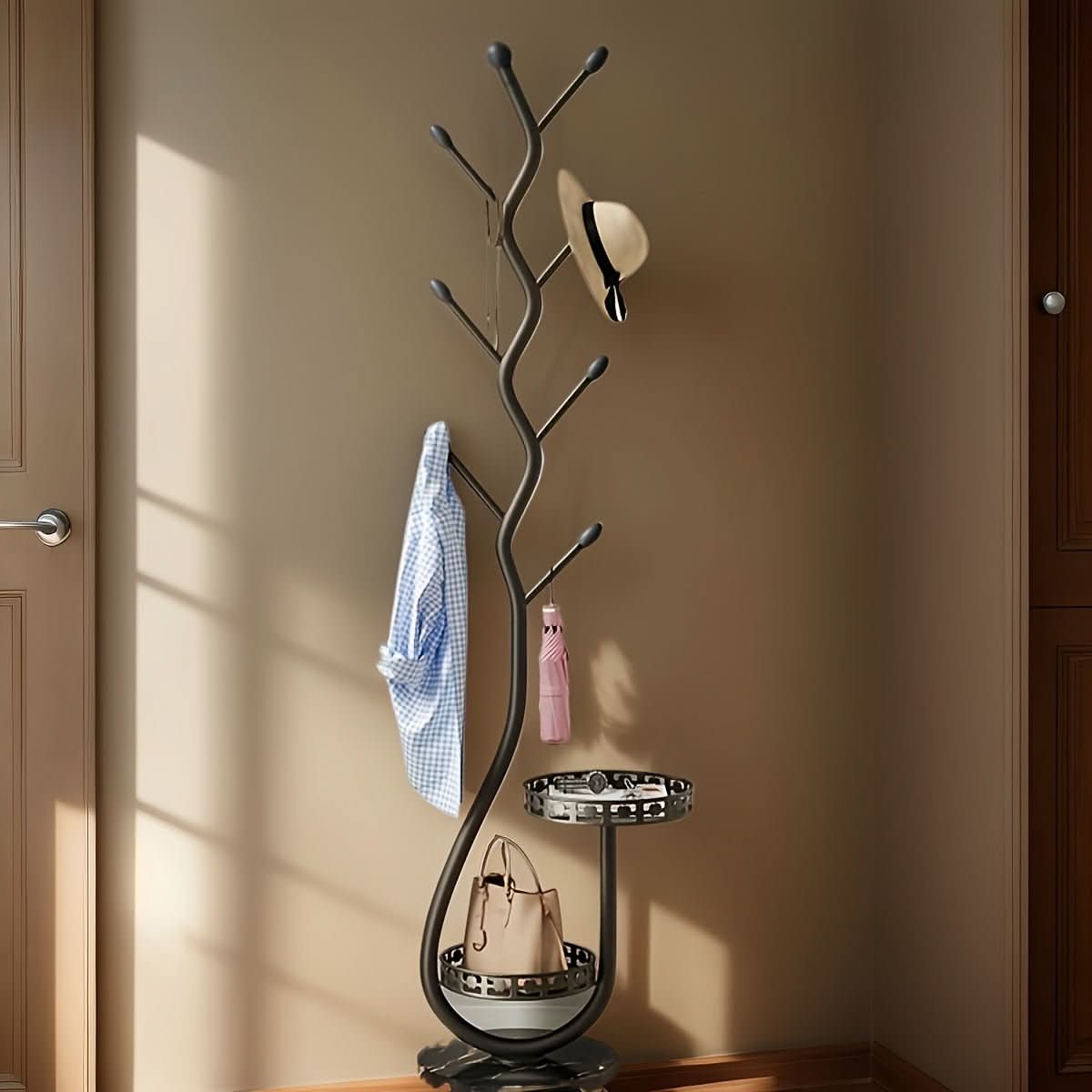 Standalone Black Metal Coat Rack With Branch Design For Hallway And Bedroom