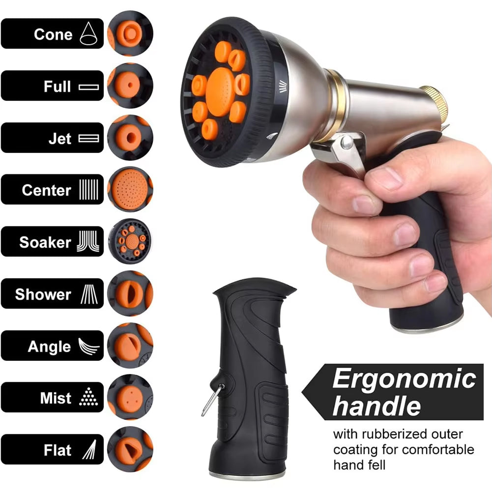 NozzleJet Hose Nozzle — Nine Spray Patterns, Single-Finger Thumb Lever