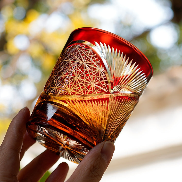 Whiskey Glass With Edo Kiriko Crane Feather Pattern In Amber Handmade Japanese Crystal