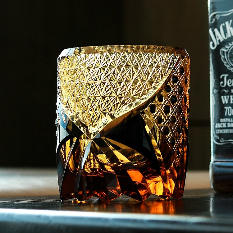 Whiskey Glass Edo Kiriko Dark Knight Handmade Dark Amber Japanese Crystal Box