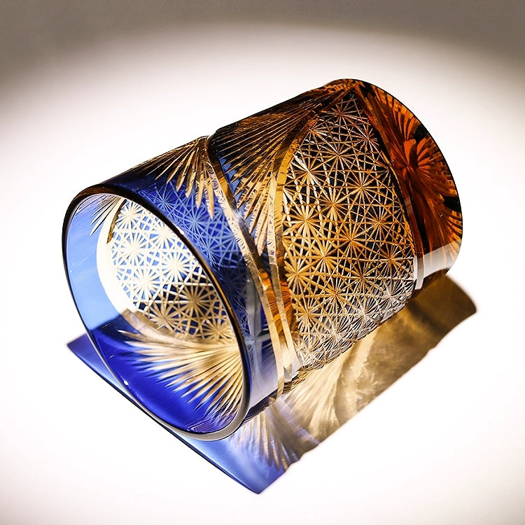 Whiskey Glass With Edo Kiriko Crane Feather Pattern In Amber Handmade Japanese Crystal