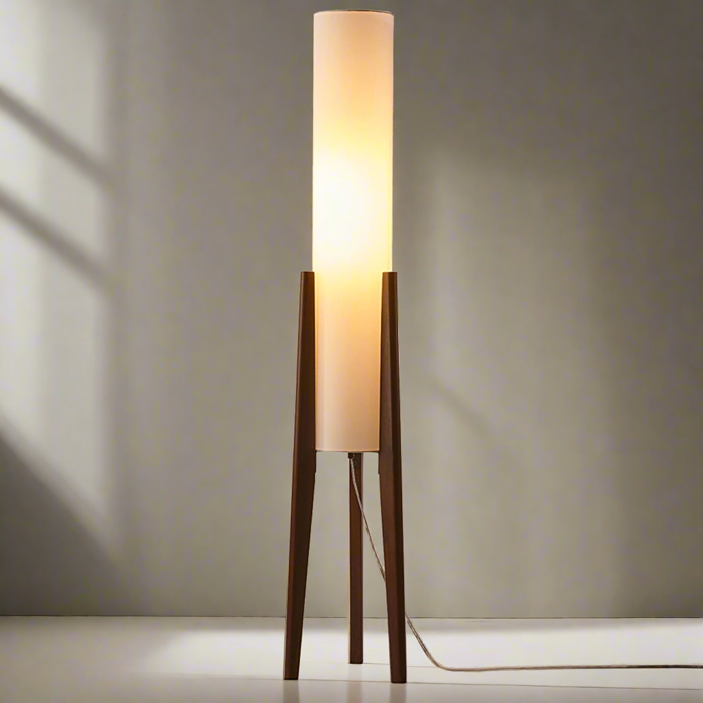 Liora Walnuss-Stehlampe mit weichem Schirm und Messingdetails für Wohnzimmer und Schlafzimmer