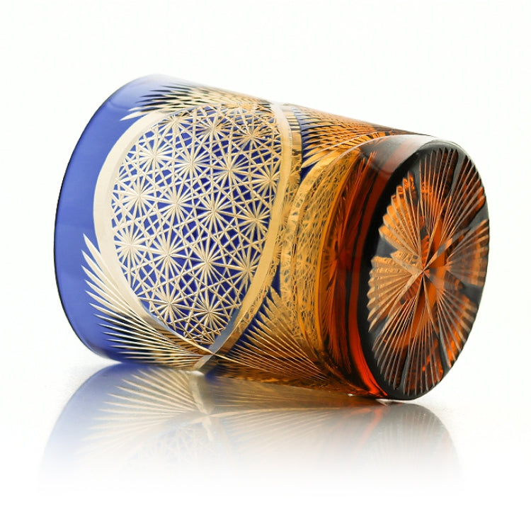 Whiskey Glass With Edo Kiriko Crane Feather Pattern In Amber Handmade Japanese Crystal
