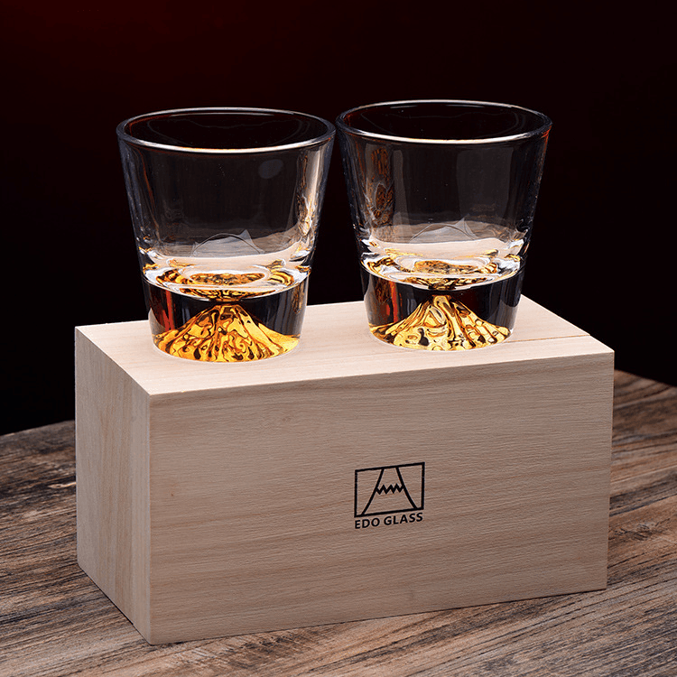 Chamvin Edo Kiriko Whiskey Glass In Crystal Set With Wooden Gift Box