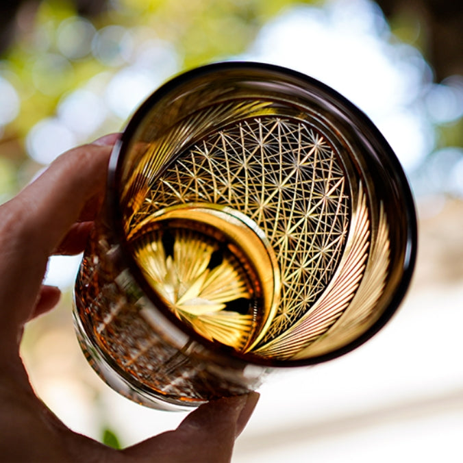 Whiskey Glass With Edo Kiriko Crane Feather Pattern In Amber Handmade Japanese Crystal