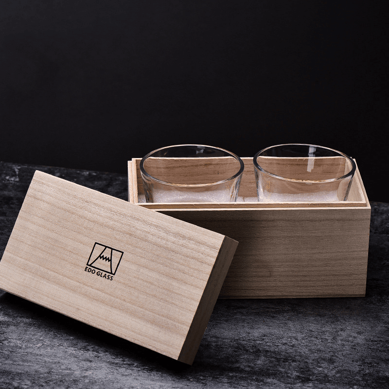 Chamvin Edo Kiriko Whiskey Glass In Crystal Set With Wooden Gift Box