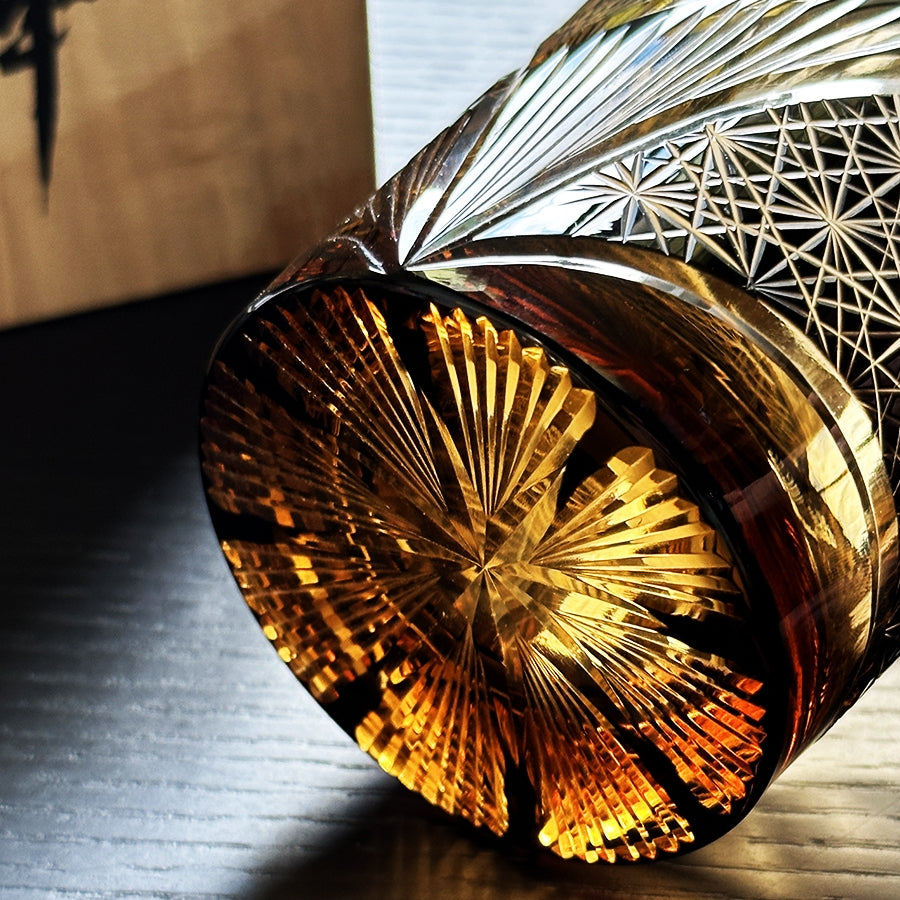 Whiskey Glass With Edo Kiriko Crane Feather Pattern In Amber Handmade Japanese Crystal