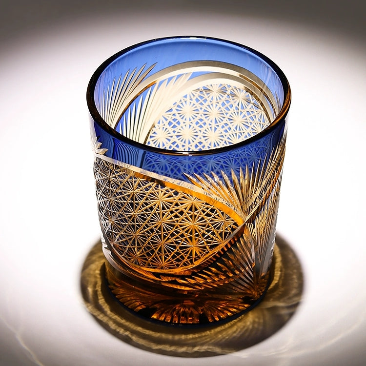 Whiskey Glass With Edo Kiriko Crane Feather Pattern In Amber Handmade Japanese Crystal