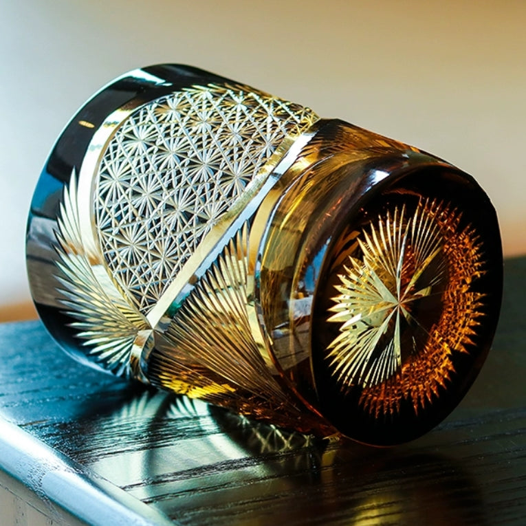 Whiskey Glass With Edo Kiriko Crane Feather Pattern In Amber Handmade Japanese Crystal