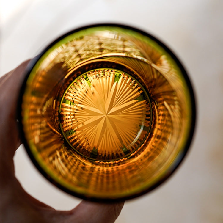 Whiskey Glass With Edo Kiriko Crane Feather Pattern In Amber Handmade Japanese Crystal