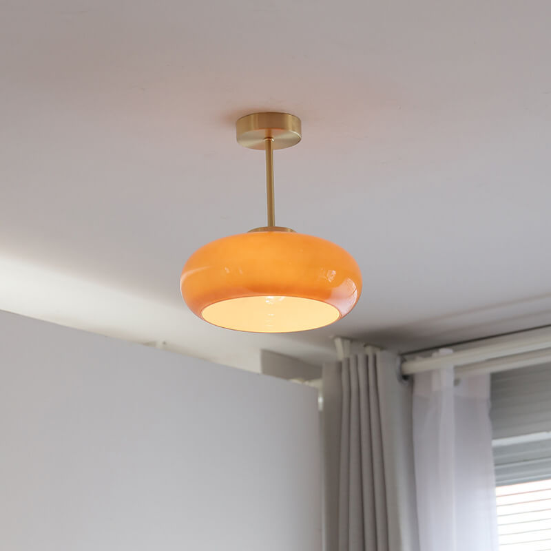 Vintage Yellow Glass Brass Semi Flush LED Ceiling Light Fixture
