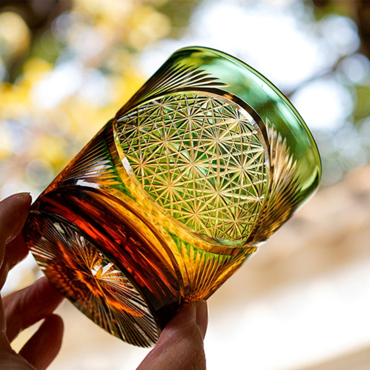 Whiskey Glass With Edo Kiriko Crane Feather Pattern In Amber Handmade Japanese Crystal