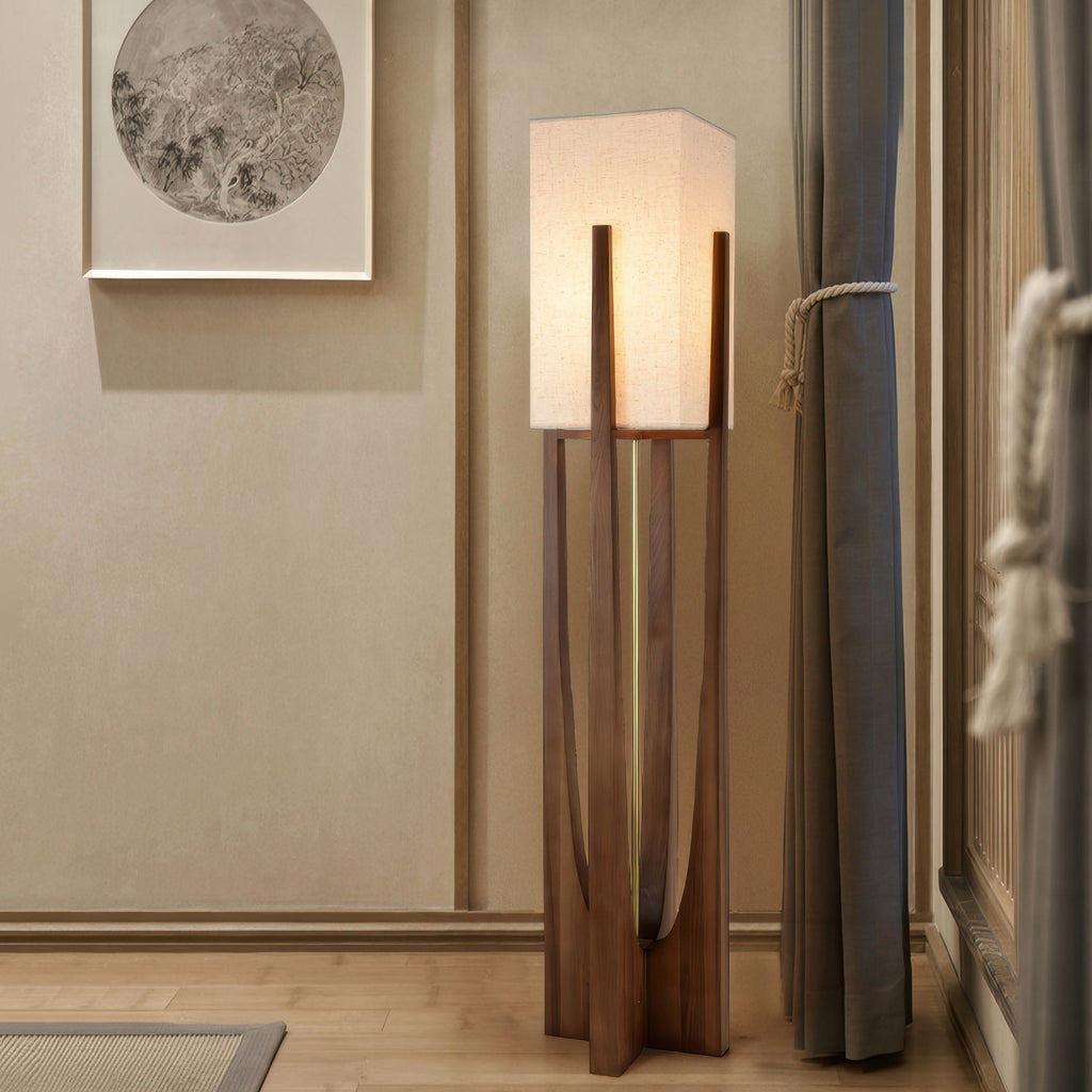 Caelum Walnut Wood Floor Lamp Featuring Linen Shade In Living Rooms Timeless Edition