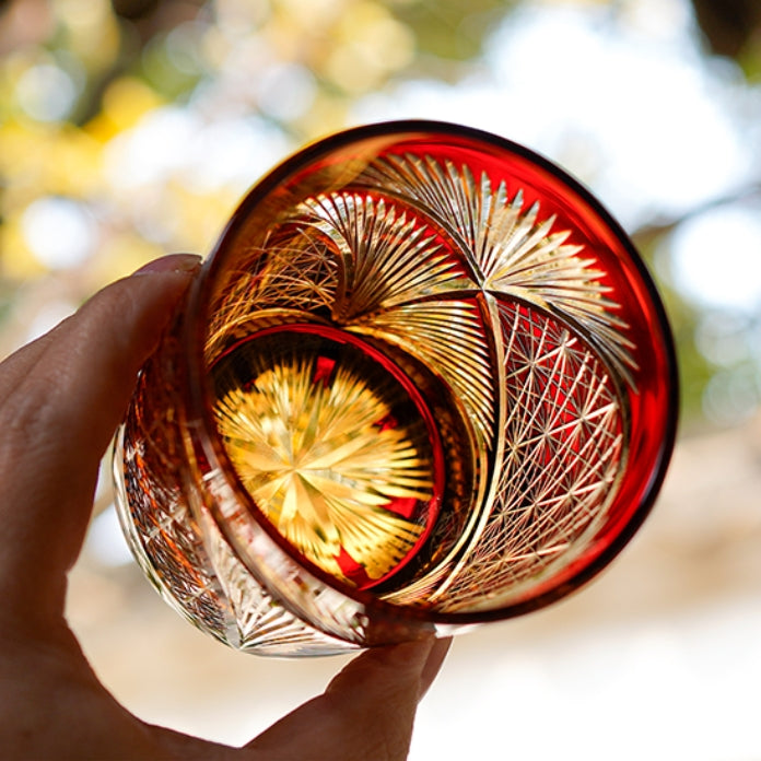 Whiskey Glass With Edo Kiriko Crane Feather Pattern In Amber Handmade Japanese Crystal
