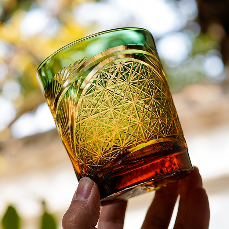 Whiskey Glass With Edo Kiriko Crane Feather Pattern In Amber Handmade Japanese Crystal