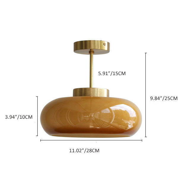 Vintage Yellow Glass Brass Semi Flush LED Ceiling Light Fixture