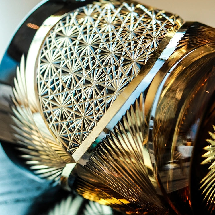 Whiskey Glass With Edo Kiriko Crane Feather Pattern In Amber Handmade Japanese Crystal