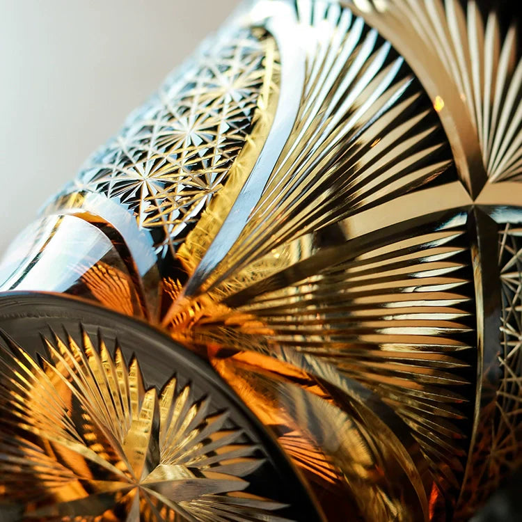 Whiskey Glass With Edo Kiriko Crane Feather Pattern In Amber Handmade Japanese Crystal