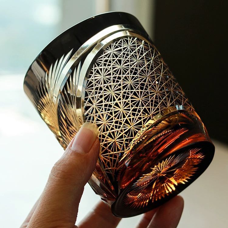 Whiskey Glass With Edo Kiriko Crane Feather Pattern In Amber Handmade Japanese Crystal