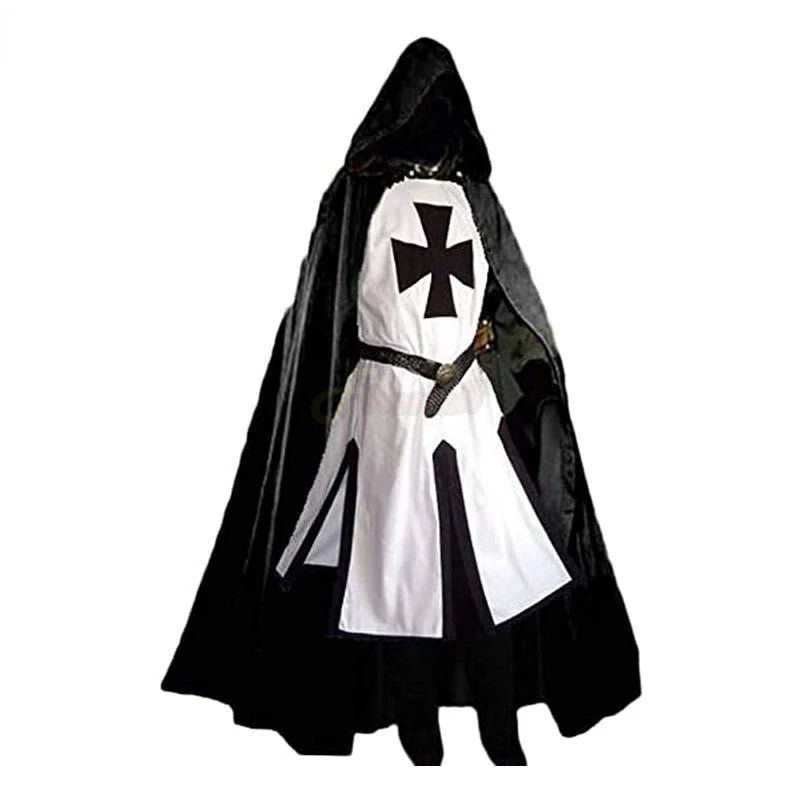 Valorian Medieval Templar Knight Costume – Crimson Cross Tunic, Hooded Cloak