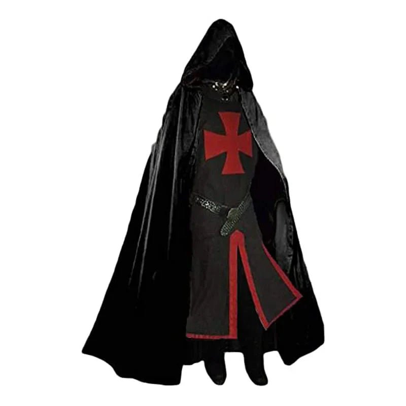 Valorian Medieval Templar Knight Costume – Crimson Cross Tunic, Hooded Cloak