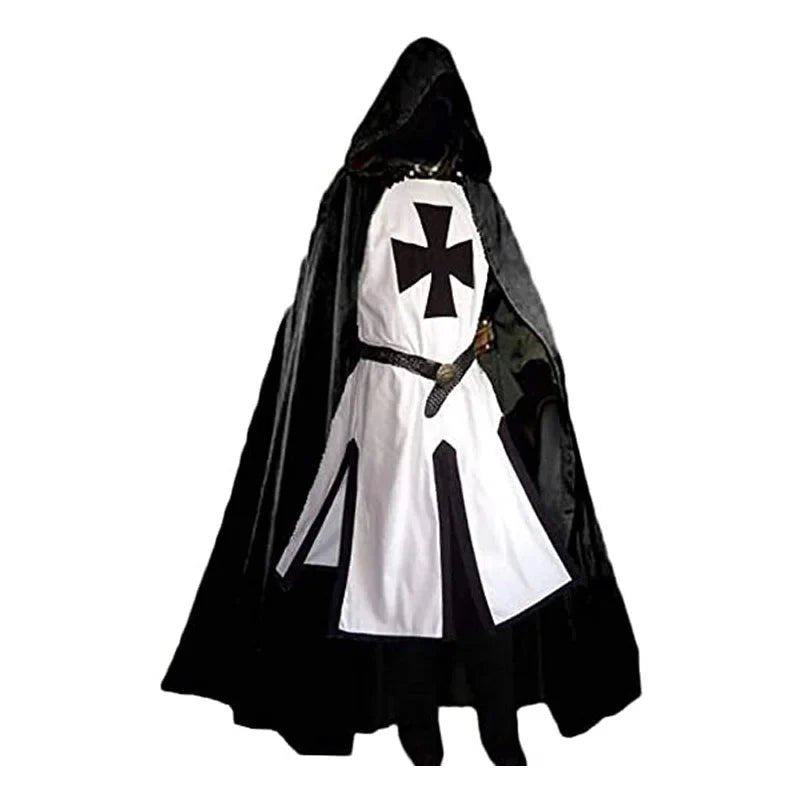 Valorian Medieval Templar Knight Costume – Crimson Cross Tunic, Hooded Cloak