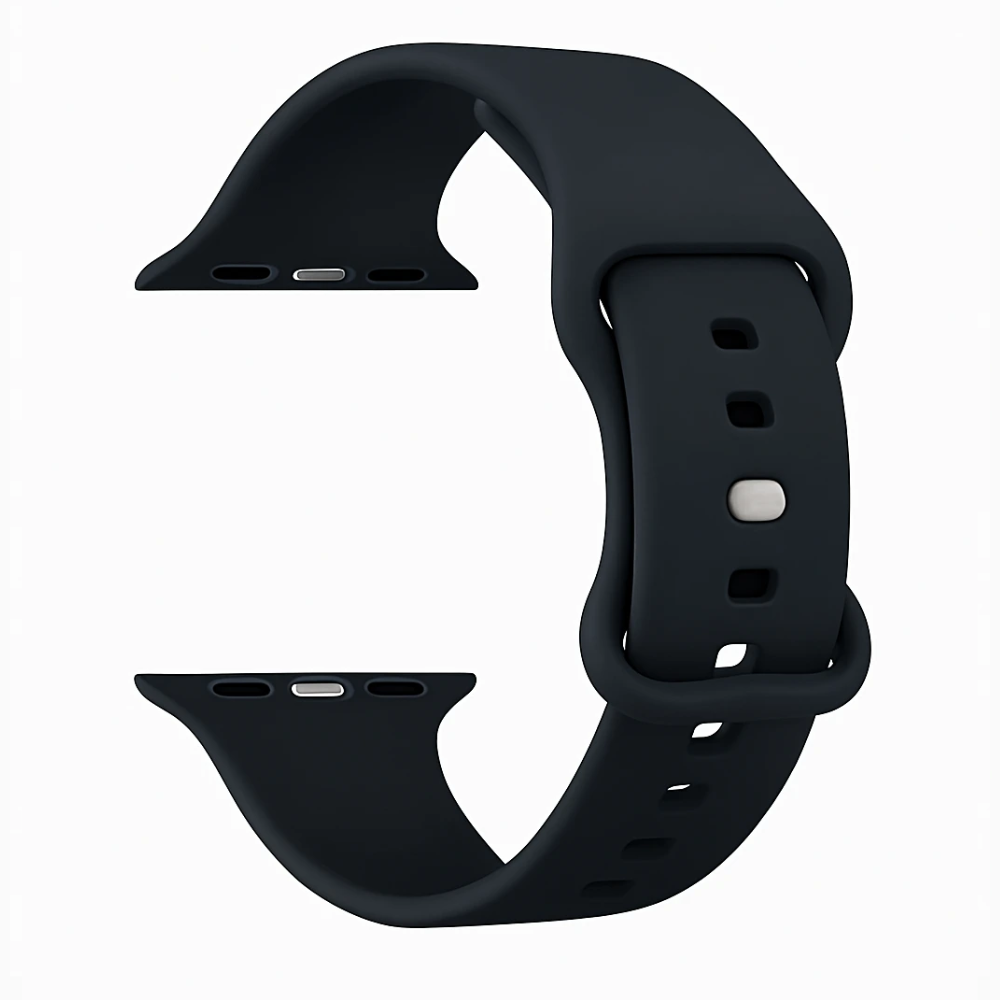 Klasický černý silikonový řemínek pro Apple Watch — provedení s dvojitou smyčkou a tlačítkovou sponou