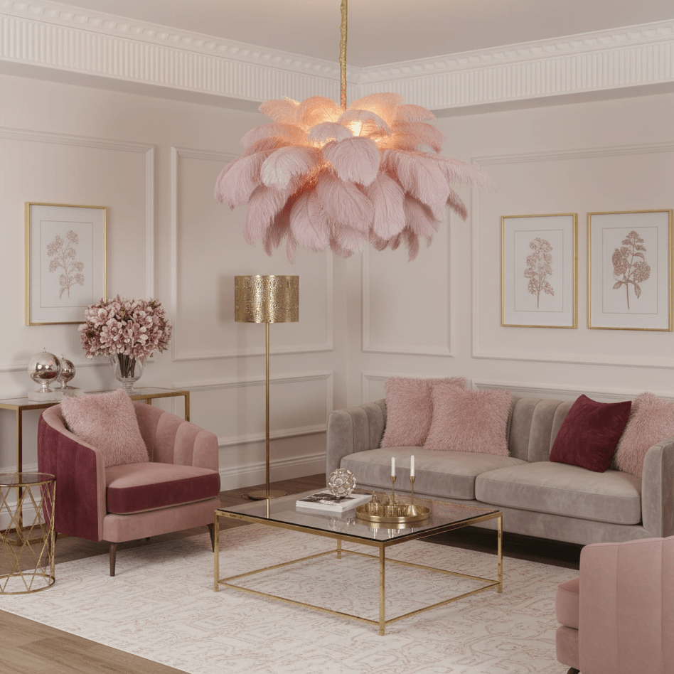 56 Hand-Colored Ostrich Feather Chandelier With Brass Fitting Gold And Silver