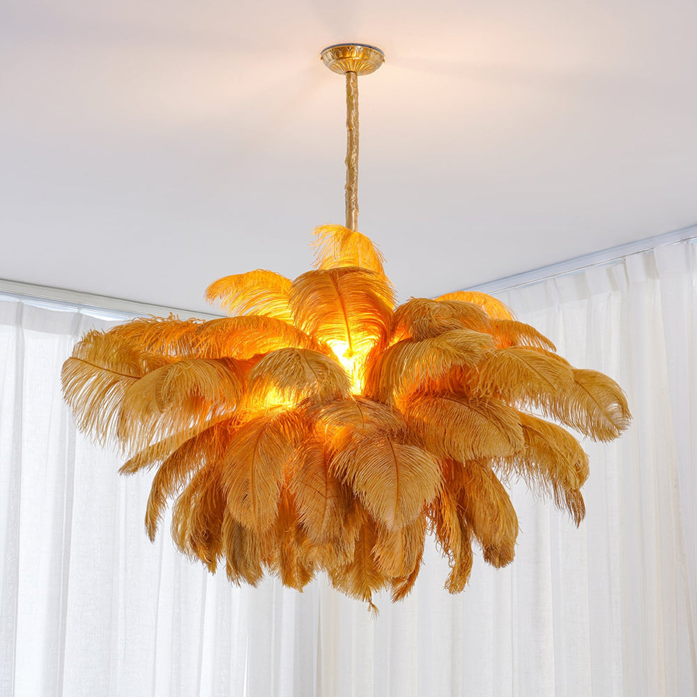 56 Hand-Colored Ostrich Feather Chandelier With Brass Fitting Gold And Silver