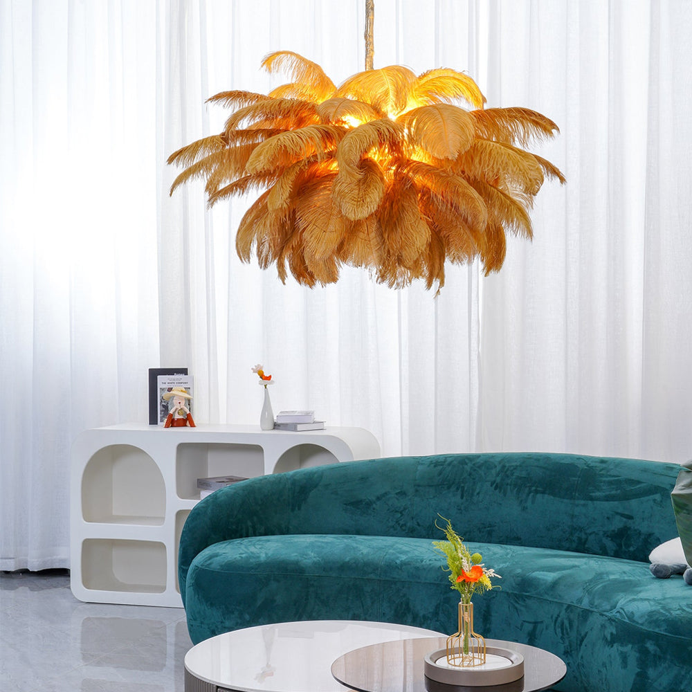 56 Hand-Colored Ostrich Feather Chandelier With Brass Fitting Gold And Silver