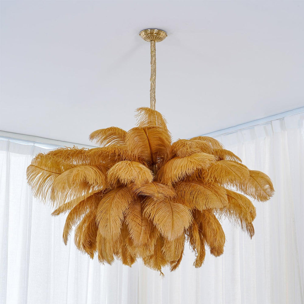 56 Hand-Colored Ostrich Feather Chandelier With Brass Fitting Gold And Silver