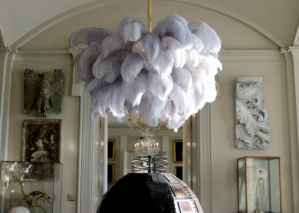 56 Hand-Colored Ostrich Feather Chandelier With Brass Fitting Gold And Silver