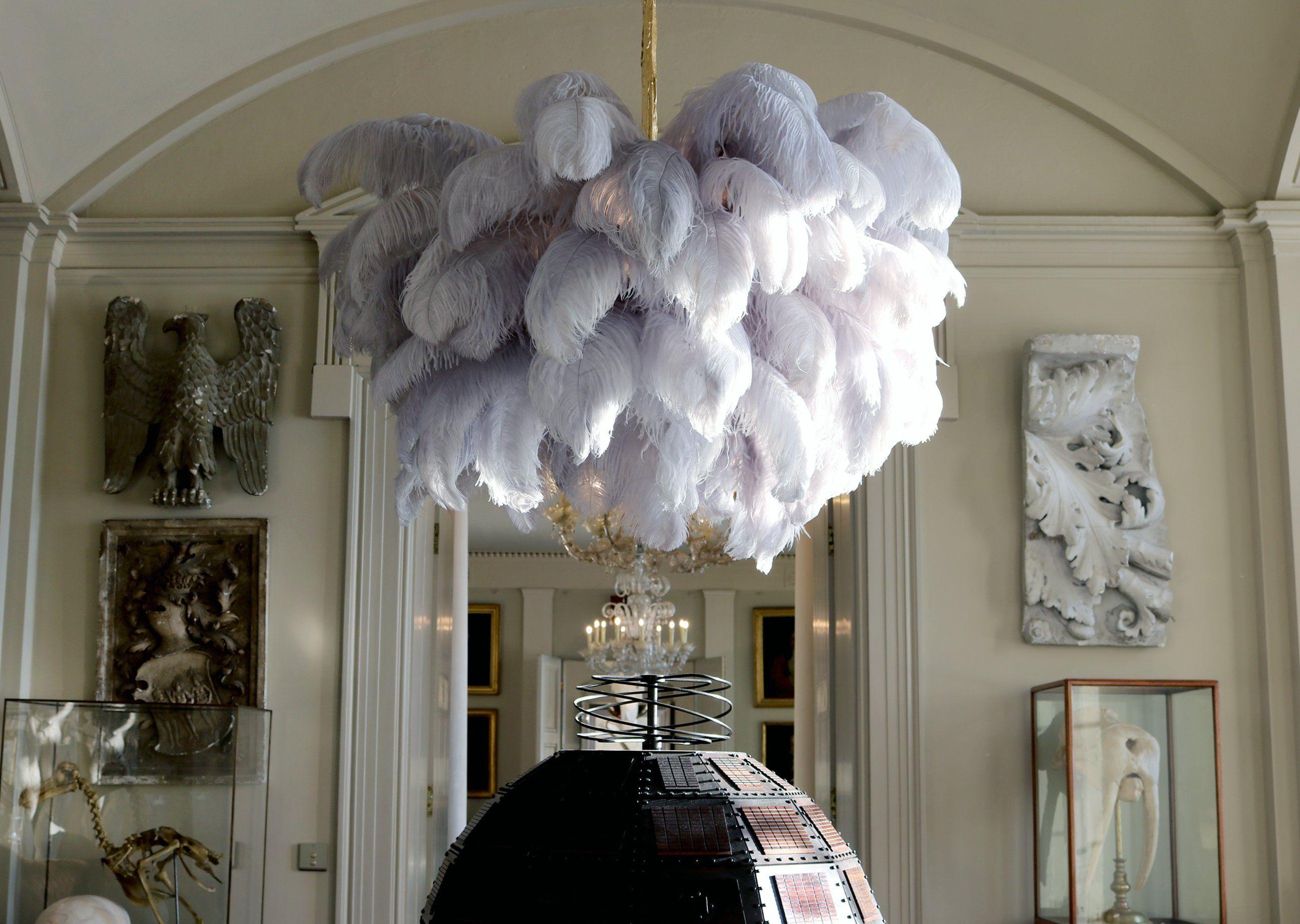 56 Hand-Colored Ostrich Feather Chandelier With Brass Fitting Gold And Silver