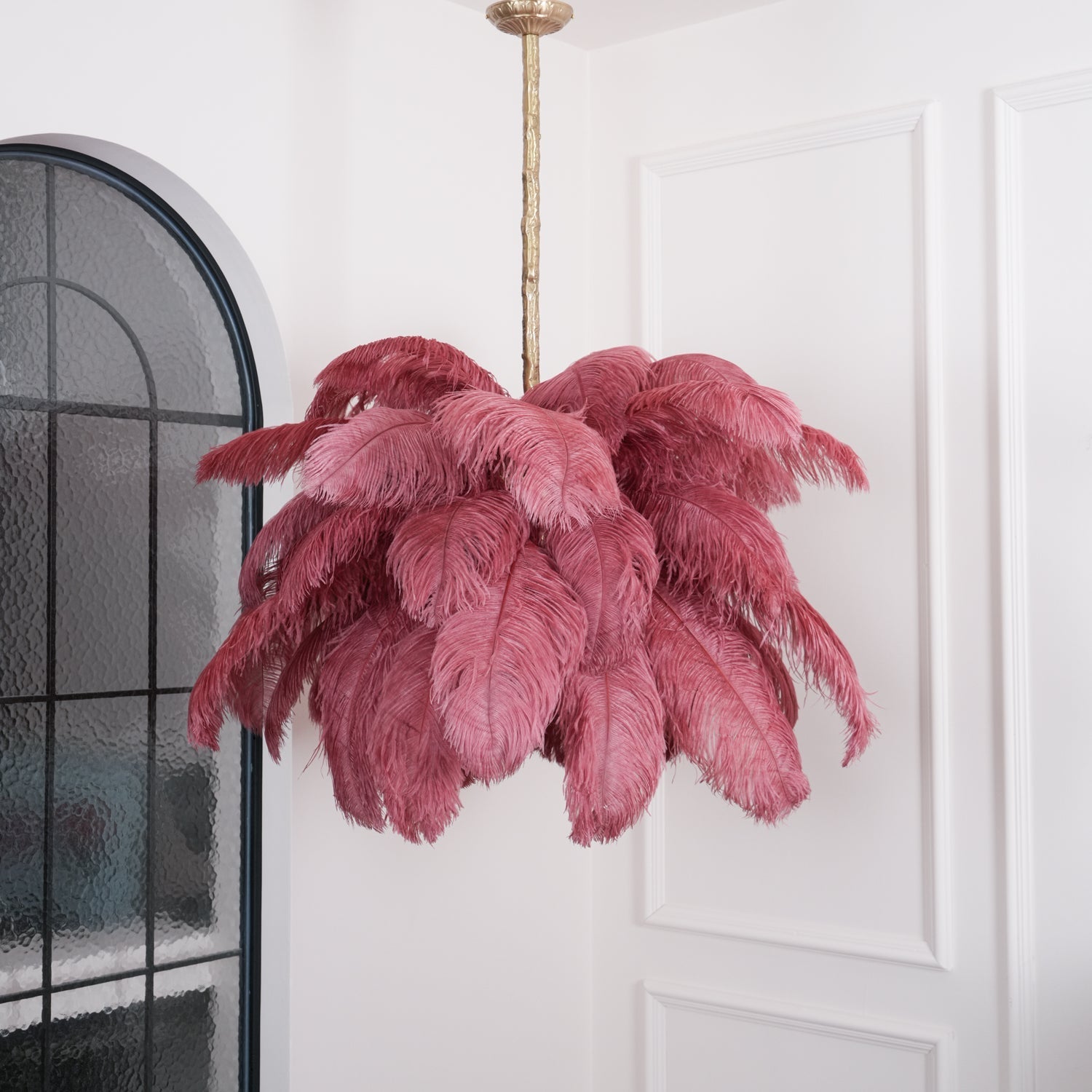 56 Hand-Colored Ostrich Feather Chandelier With Brass Fitting Gold And Silver