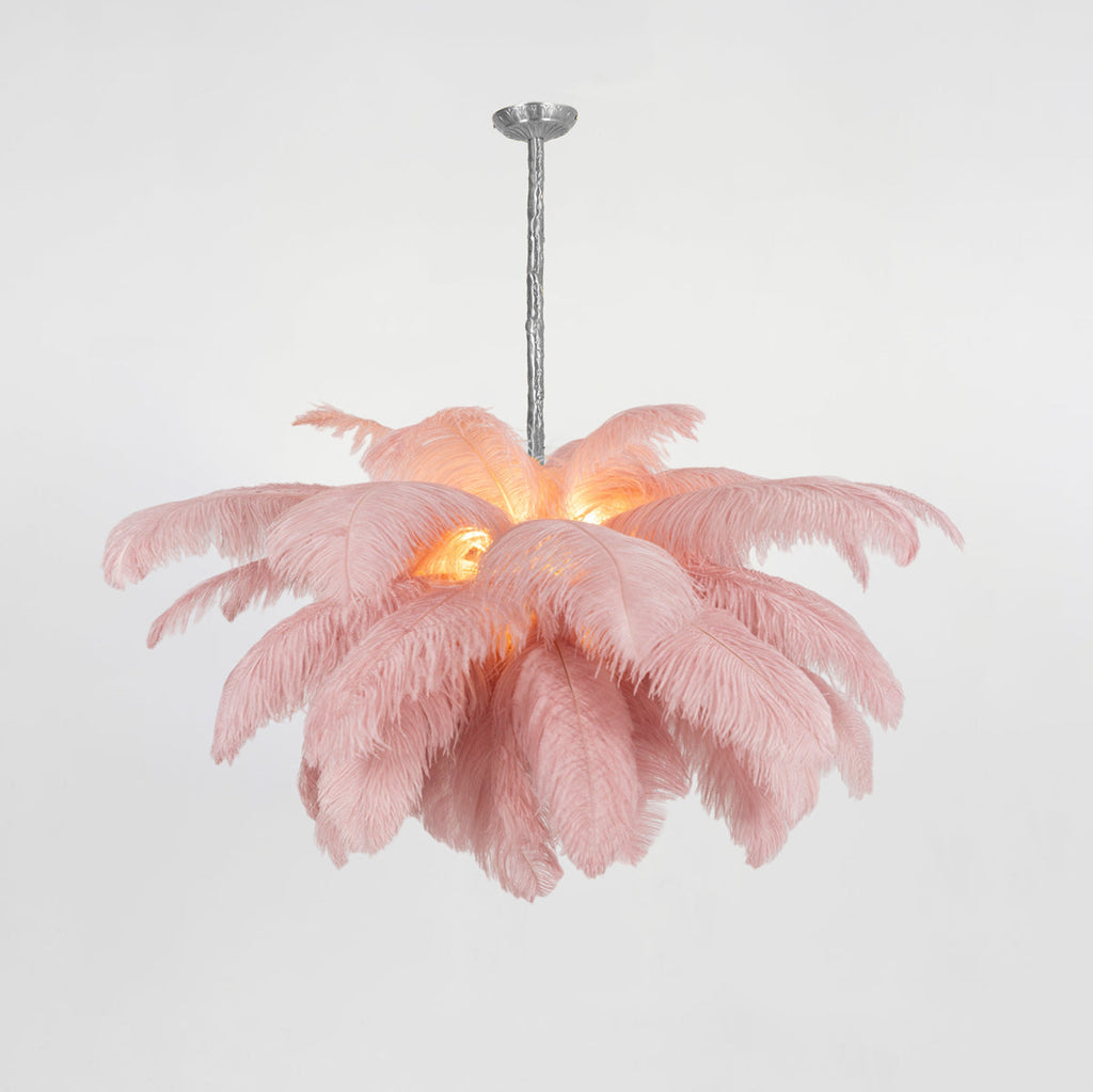 56 Hand-Colored Ostrich Feather Chandelier With Brass Fitting Gold And Silver