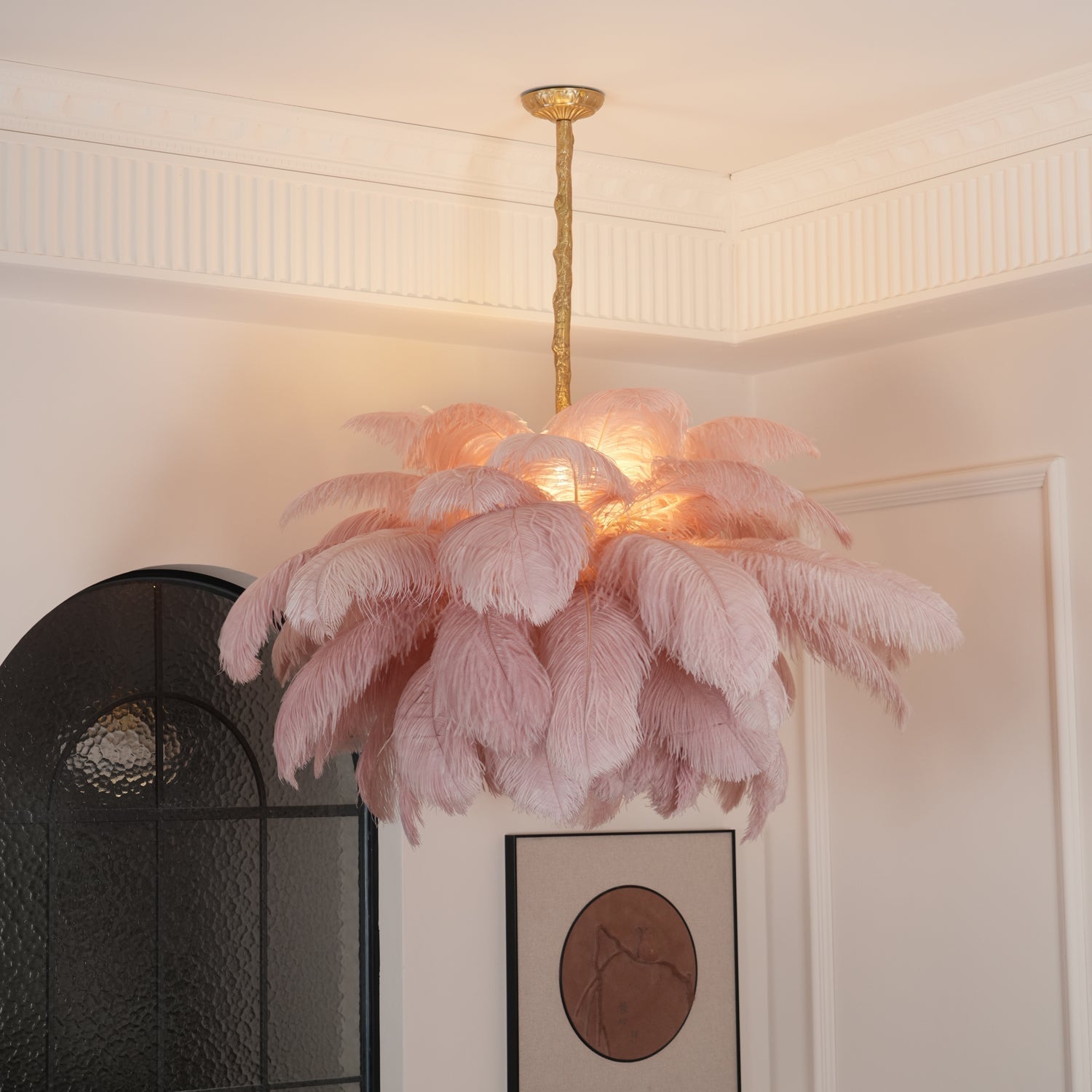 56 Hand-Colored Ostrich Feather Chandelier With Brass Fitting Gold And Silver