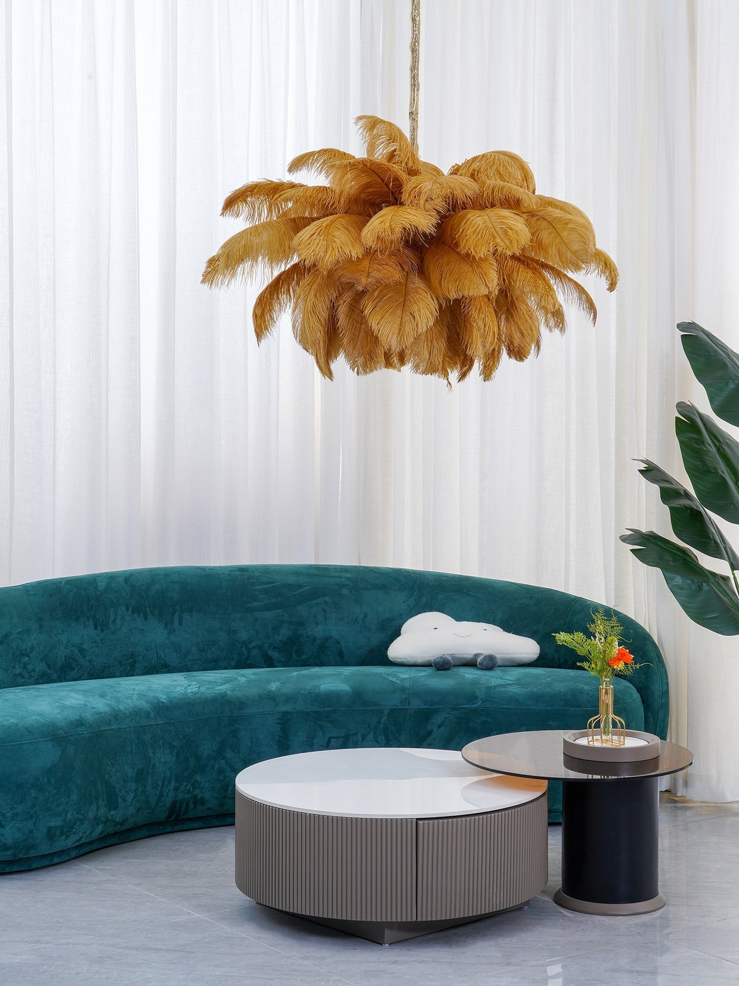 56 Hand-Colored Ostrich Feather Chandelier With Brass Fitting Gold And Silver
