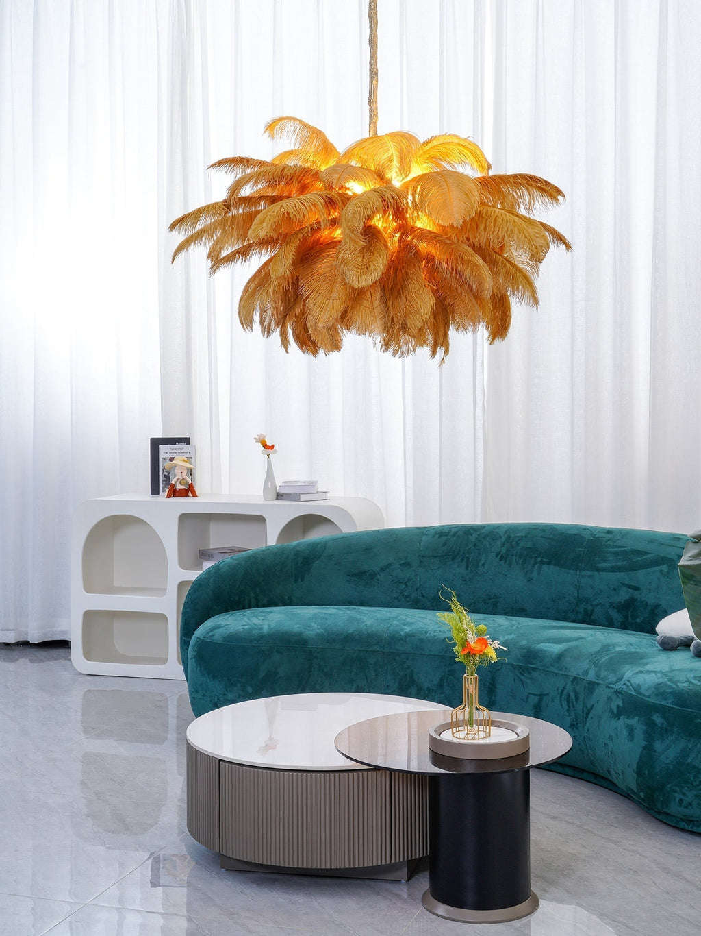 56 Hand-Colored Ostrich Feather Chandelier With Brass Fitting Gold And Silver