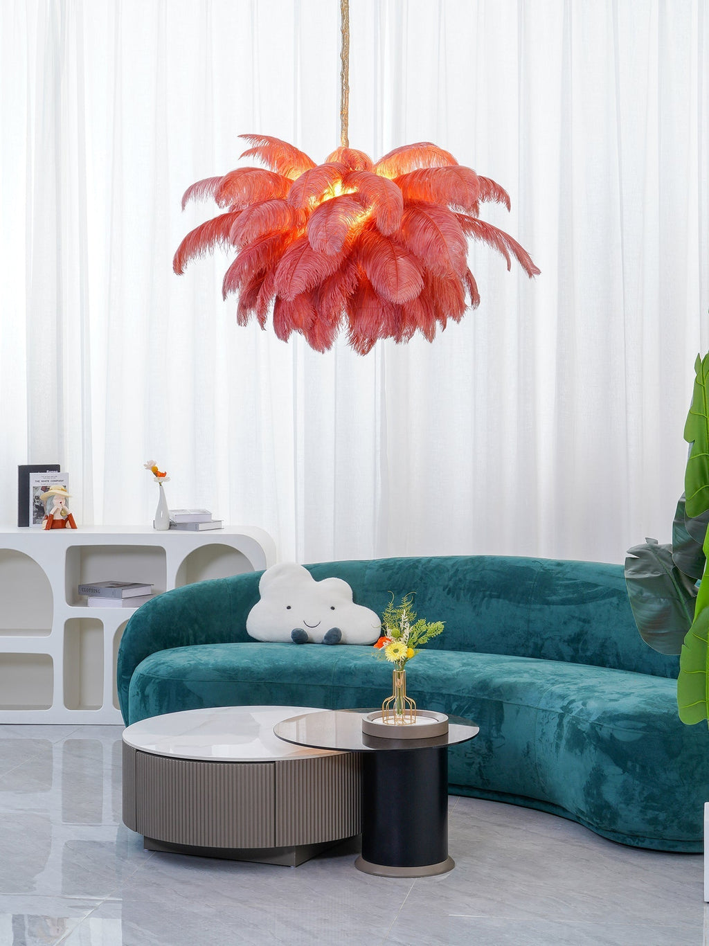 56 Hand-Colored Ostrich Feather Chandelier With Brass Fitting Gold And Silver