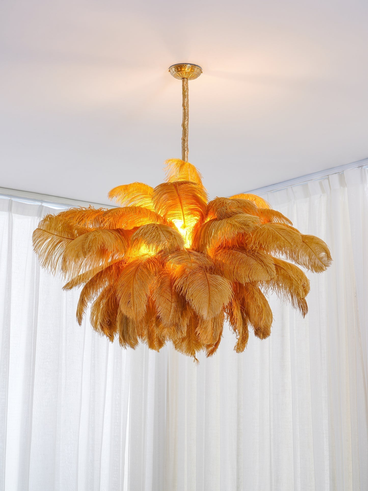 56 Hand-Colored Ostrich Feather Chandelier With Brass Fitting Gold And Silver