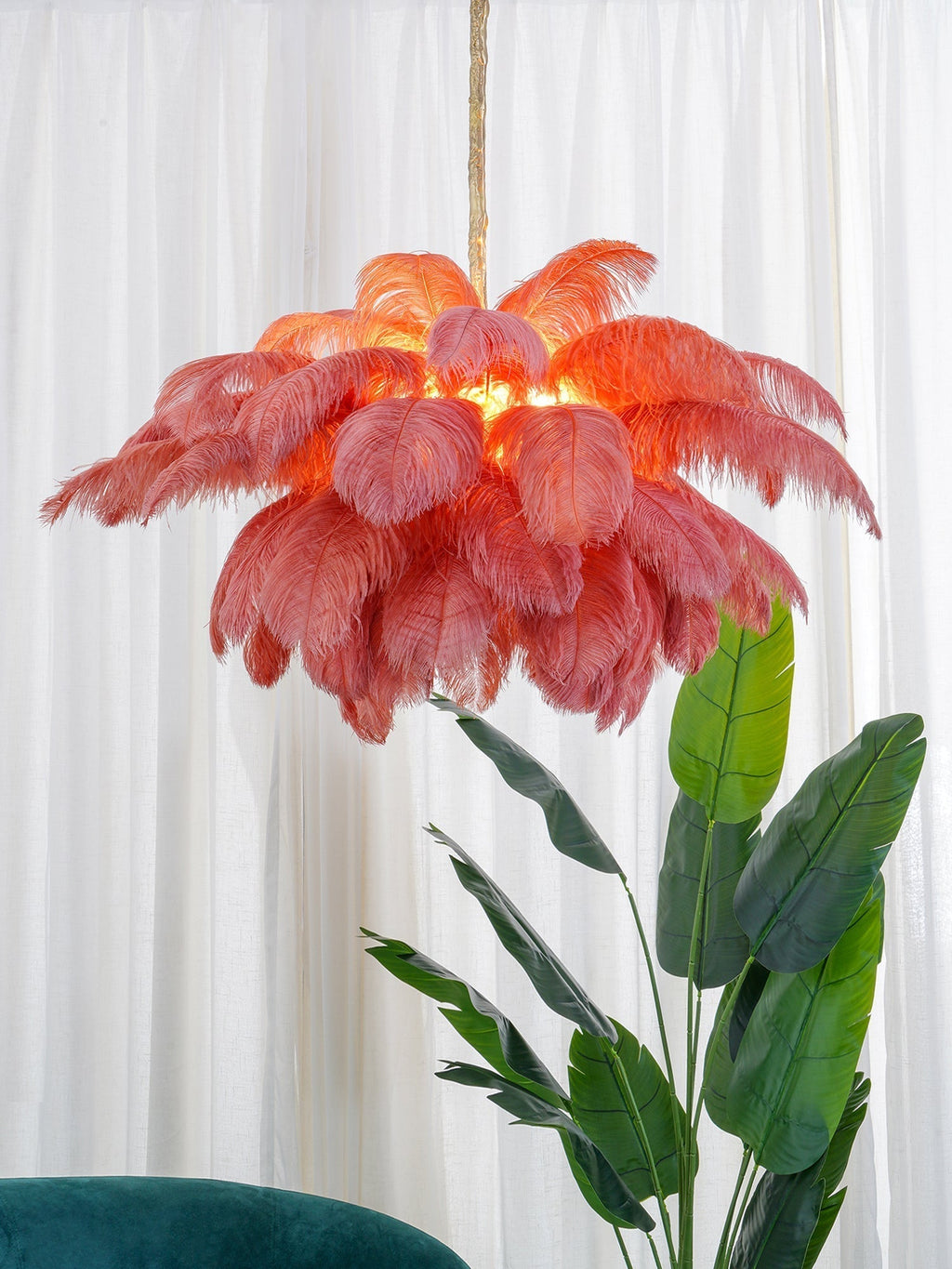 56 Hand-Colored Ostrich Feather Chandelier With Brass Fitting Gold And Silver